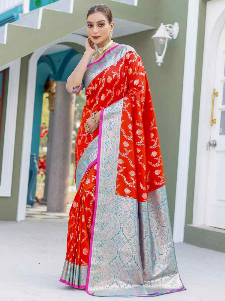 Red Banarasi Satin Silk Handwoven Festival Wedding Heavy Border Saree