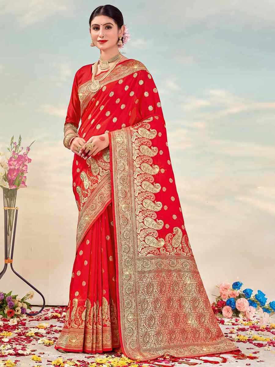 Red Banarasi Silk Handwoven Wedding Festival Heavy Border Saree