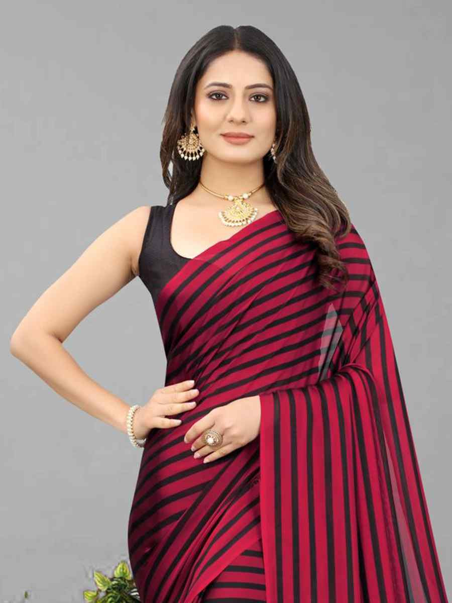 Red Black Berry Printed Festival Casual Contemporary Saree