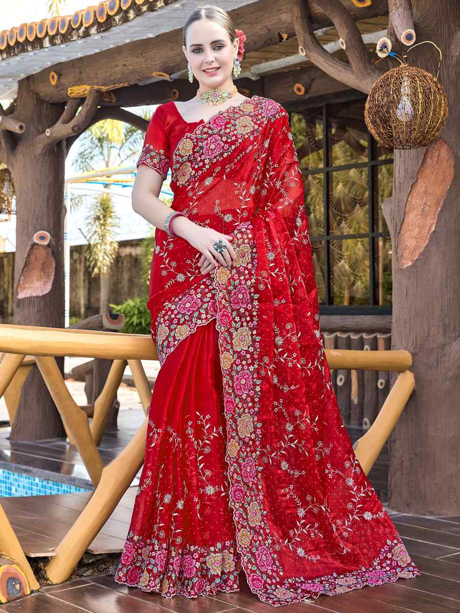 Red Burbury Silk Embroidered Bridesmaid Wedding Heavy Border Saree