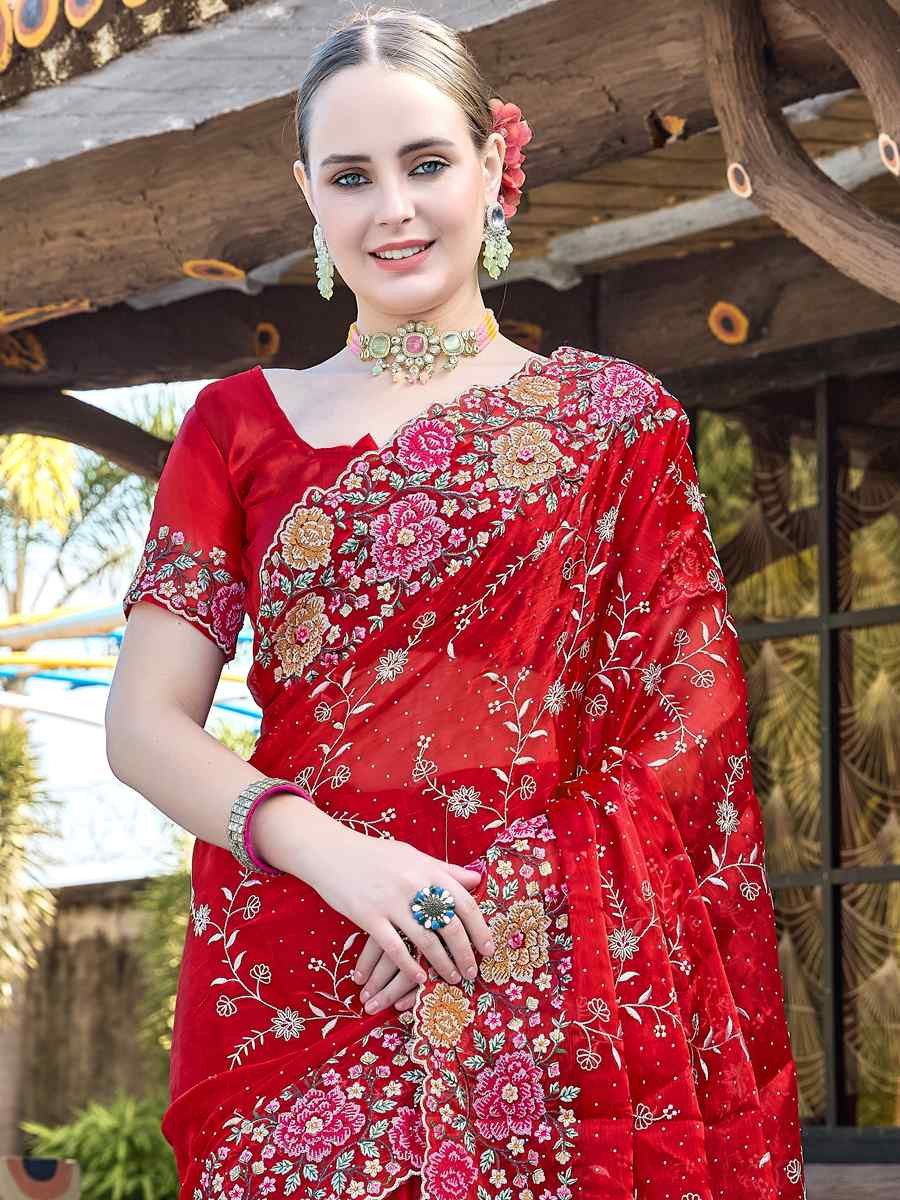 Red Burbury Silk Embroidered Bridesmaid Wedding Heavy Border Saree