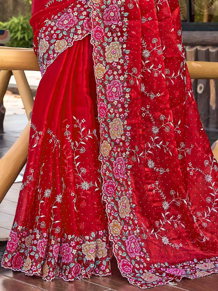 Red Burbury Silk Embroidered Bridesmaid Wedding Heavy Border Saree