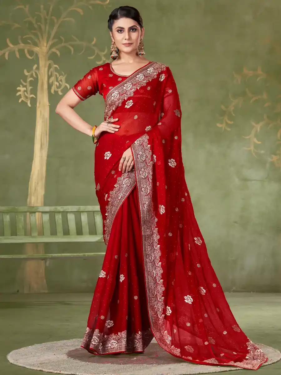 Red Chiffon Embroidered Reception Party Heavy Border Saree