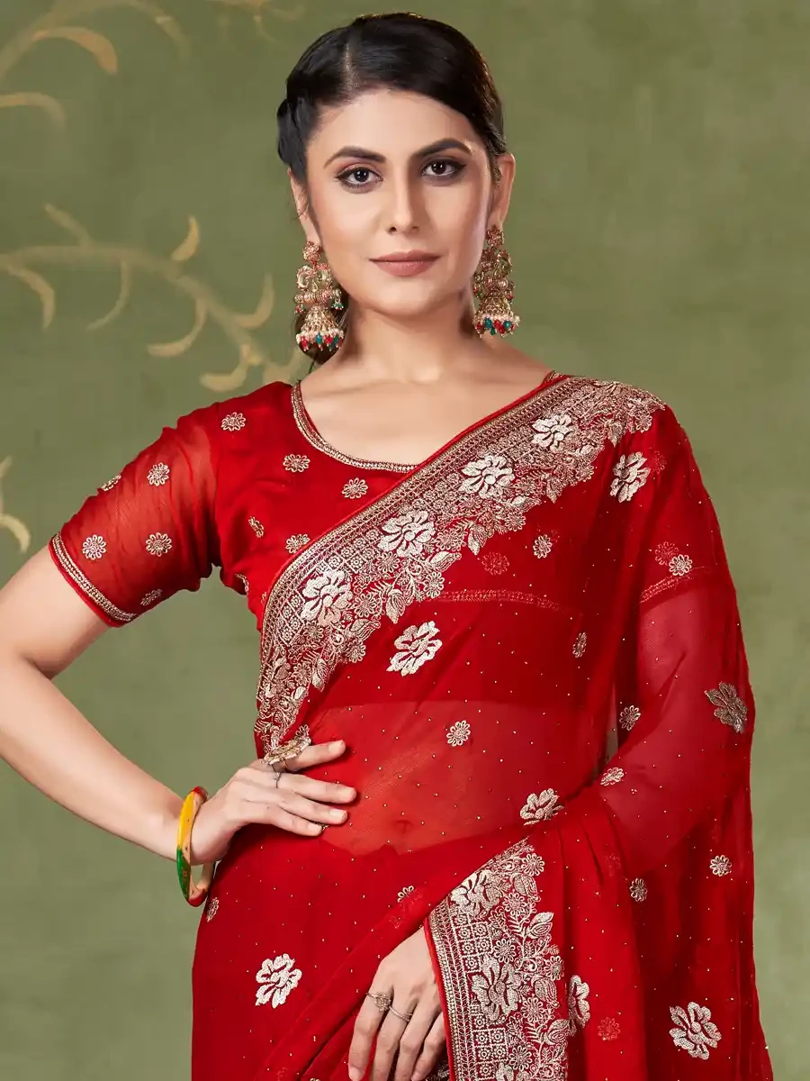 Red Chiffon Embroidered Reception Party Heavy Border Saree