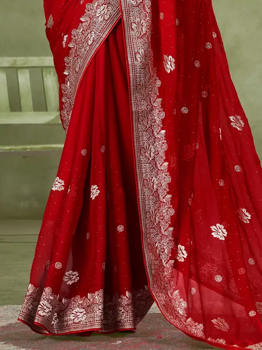 Red Chiffon Embroidered Reception Party Heavy Border Saree