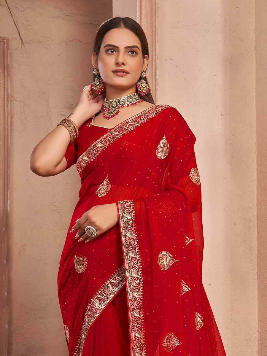 Red Chiffon Handwoven Festival Wedding Heavy Border Saree