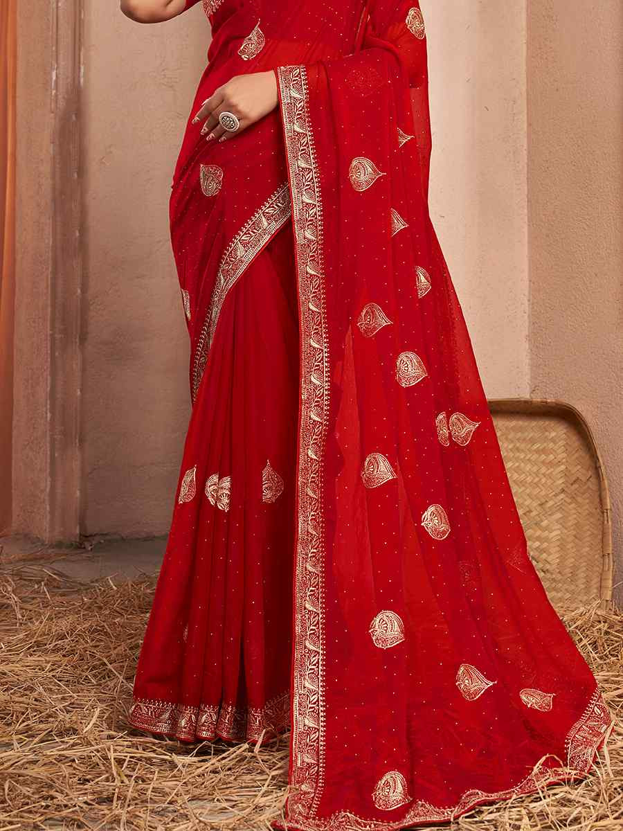 Red Chiffon Handwoven Festival Wedding Heavy Border Saree