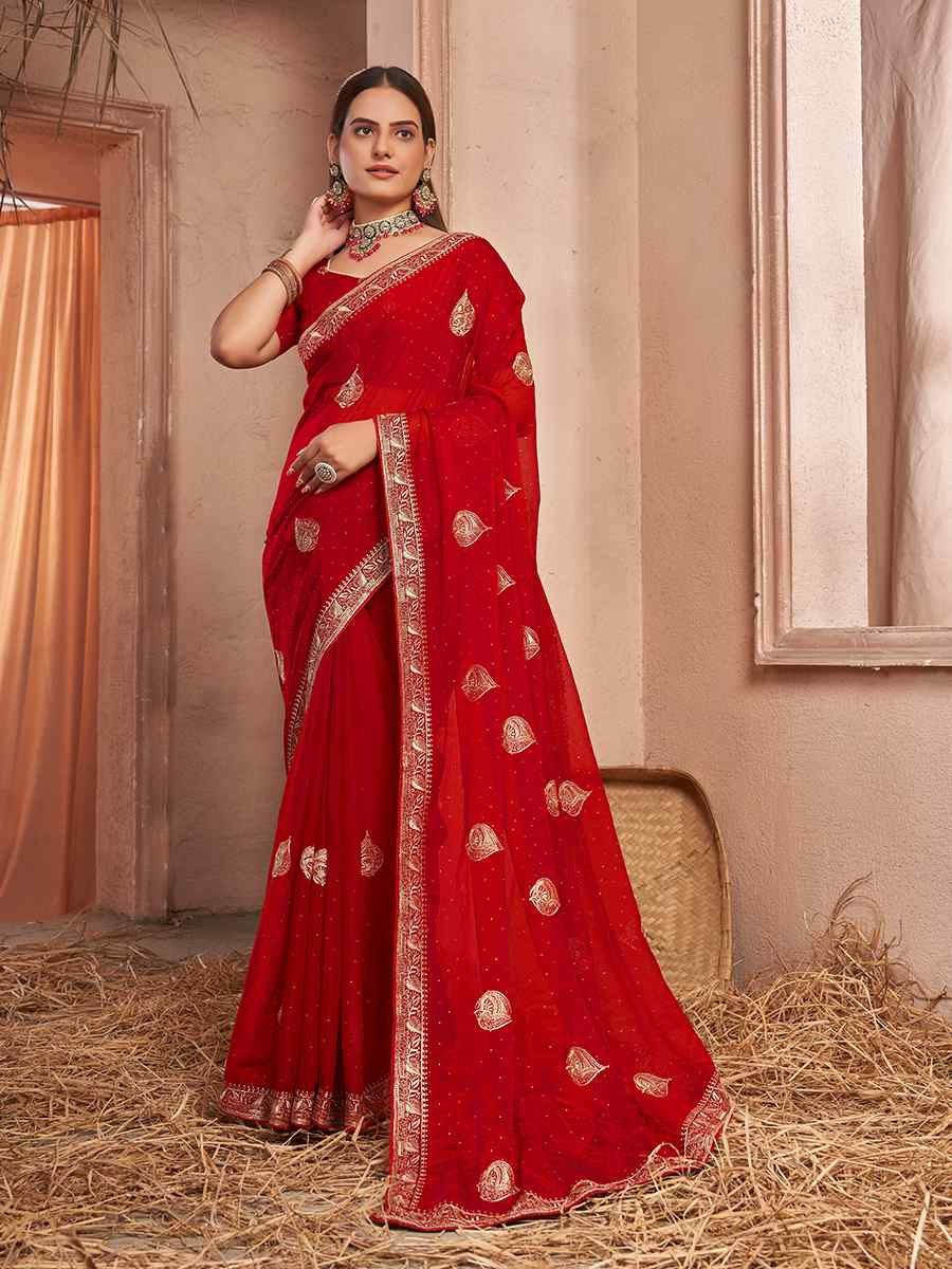 Red Chiffon Handwoven Festival Wedding Heavy Border Saree