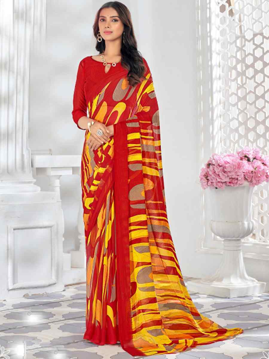 Red Chiffon Printed Casual Festival Contemporary Saree