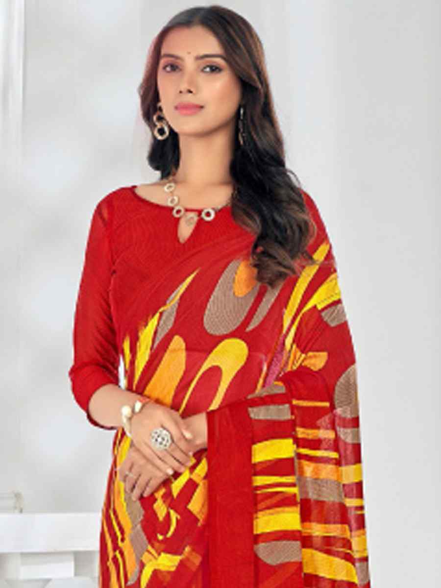 Red Chiffon Printed Casual Festival Contemporary Saree