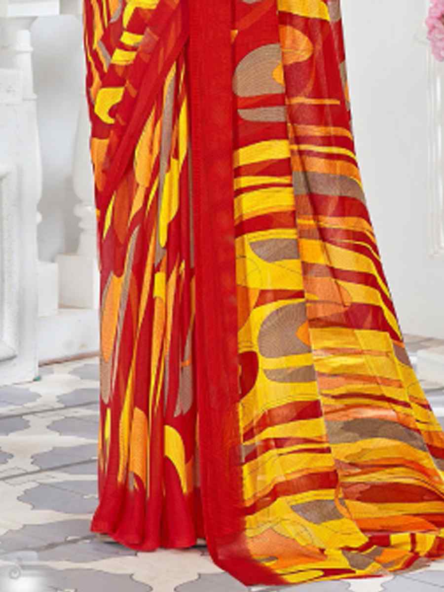 Red Chiffon Printed Casual Festival Contemporary Saree