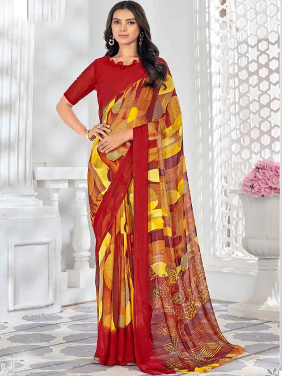 Red Chiffon Printed Casual Festival Contemporary Saree