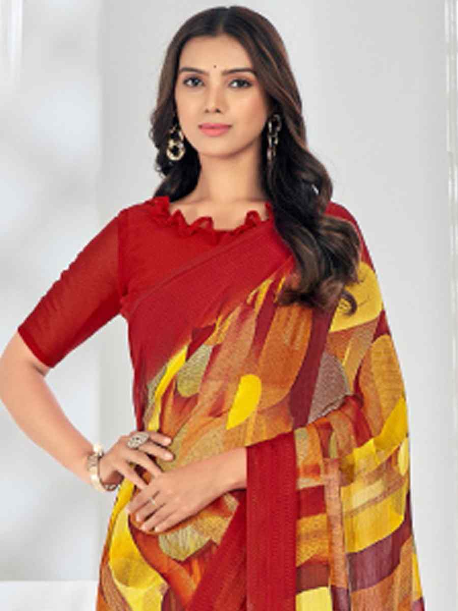 Red Chiffon Printed Casual Festival Contemporary Saree