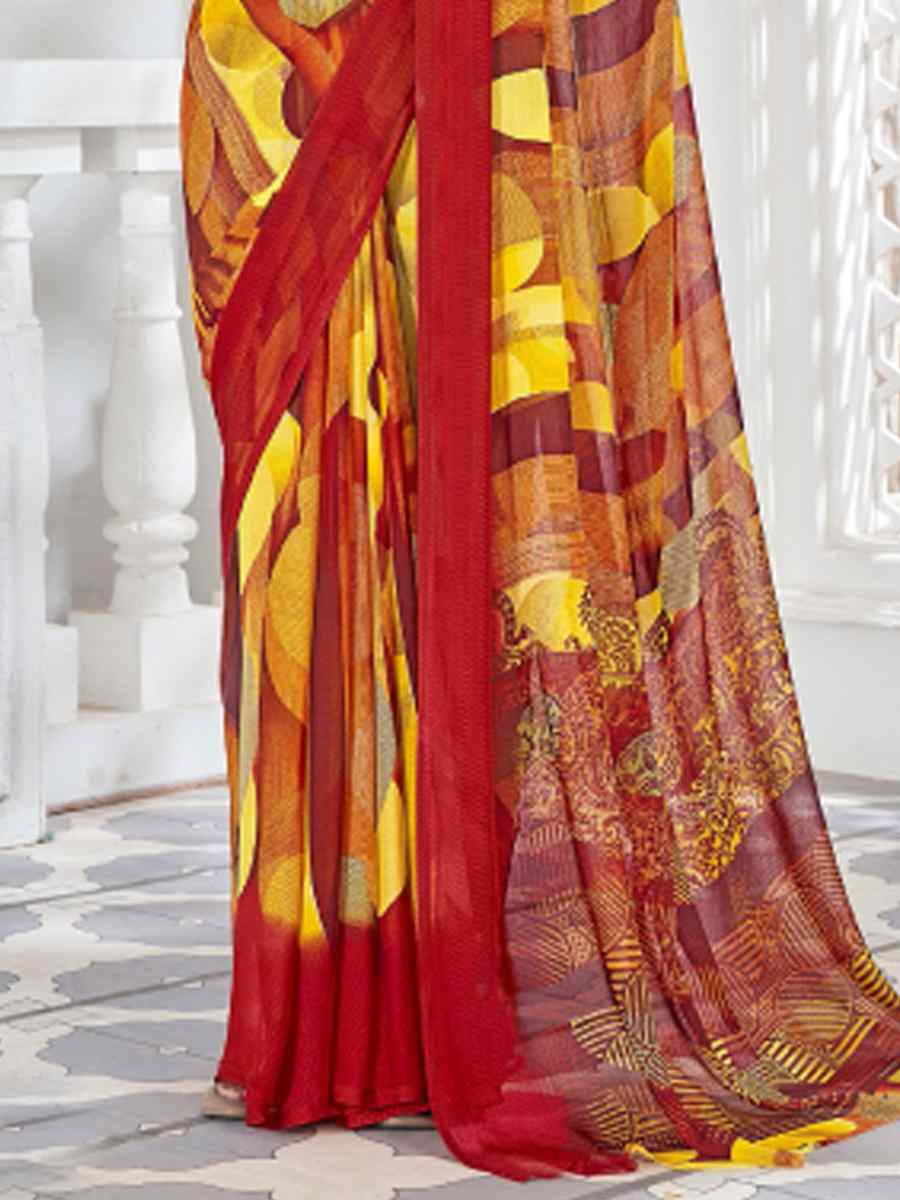 Red Chiffon Printed Casual Festival Contemporary Saree