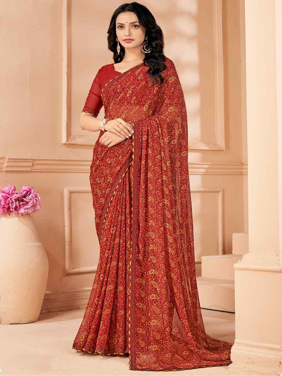 Red Chiffon Printed Festival Casual Contemporary Saree