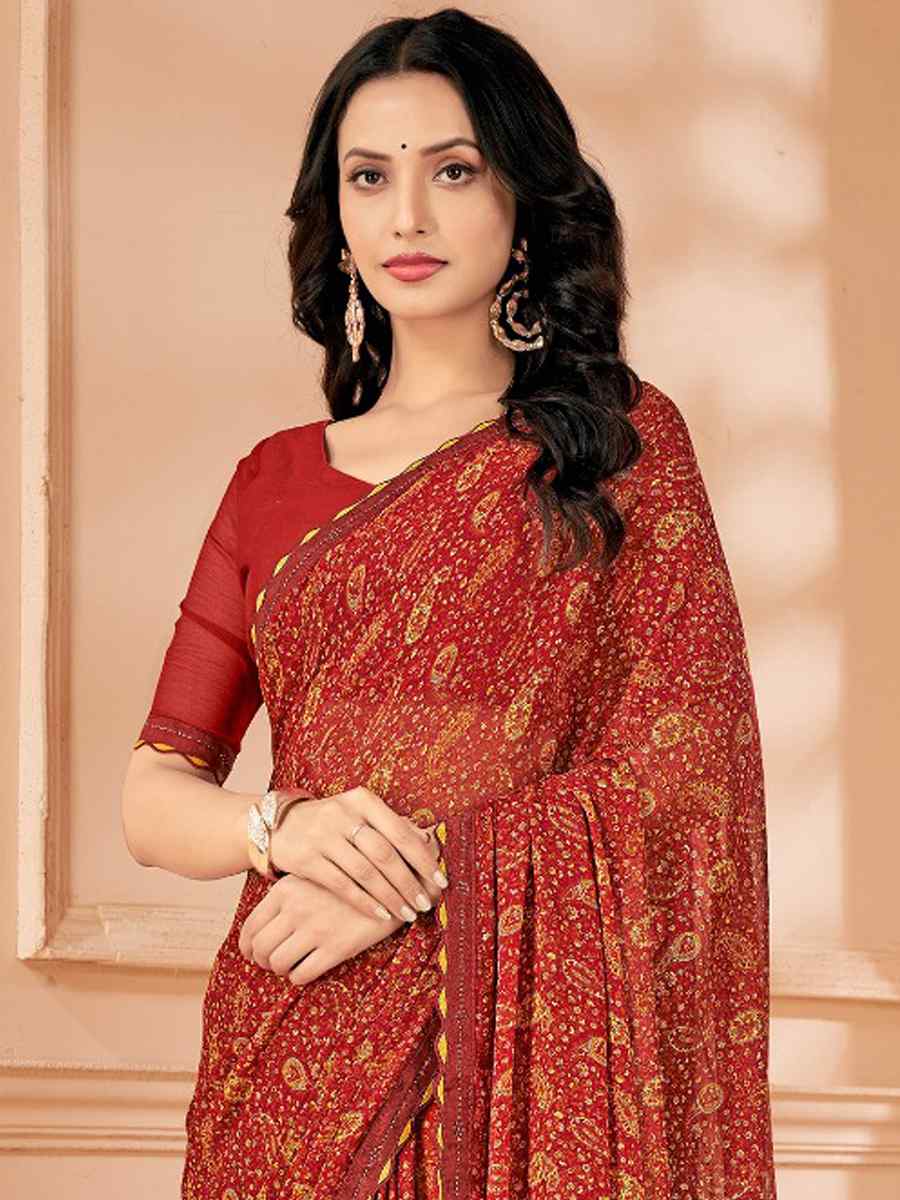 Red Chiffon Printed Festival Casual Contemporary Saree