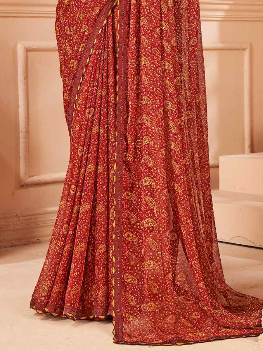 Red Chiffon Printed Festival Casual Contemporary Saree