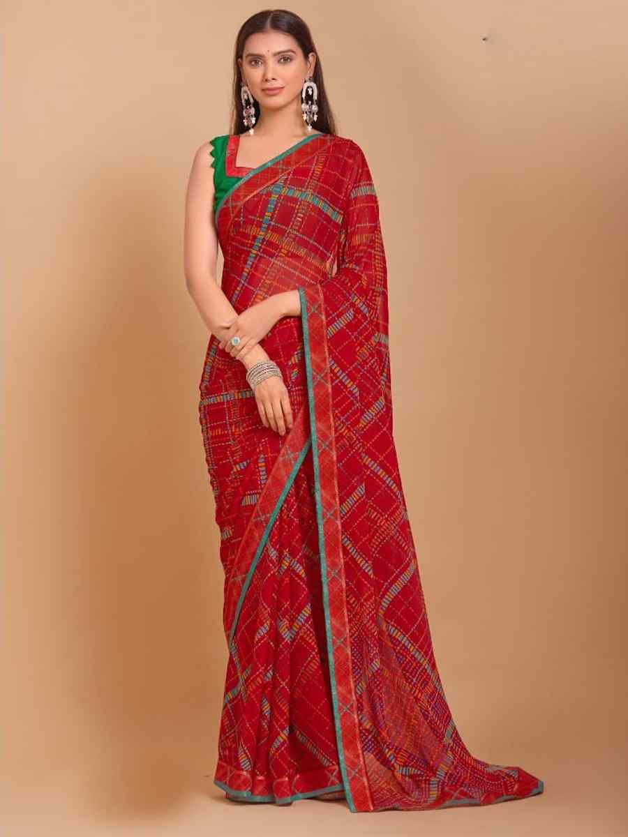 Red Chiffon Printed Festival Casual Contemporary Saree