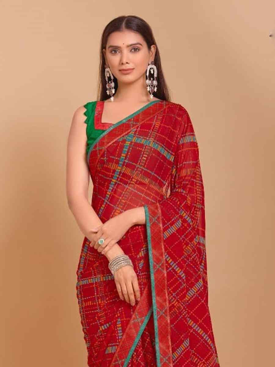 Red Chiffon Printed Festival Casual Contemporary Saree