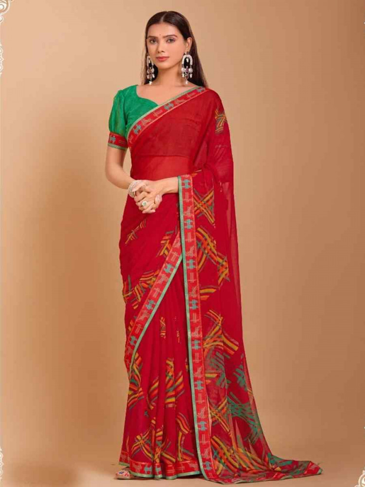 Red Chiffon Printed Festival Casual Contemporary Saree