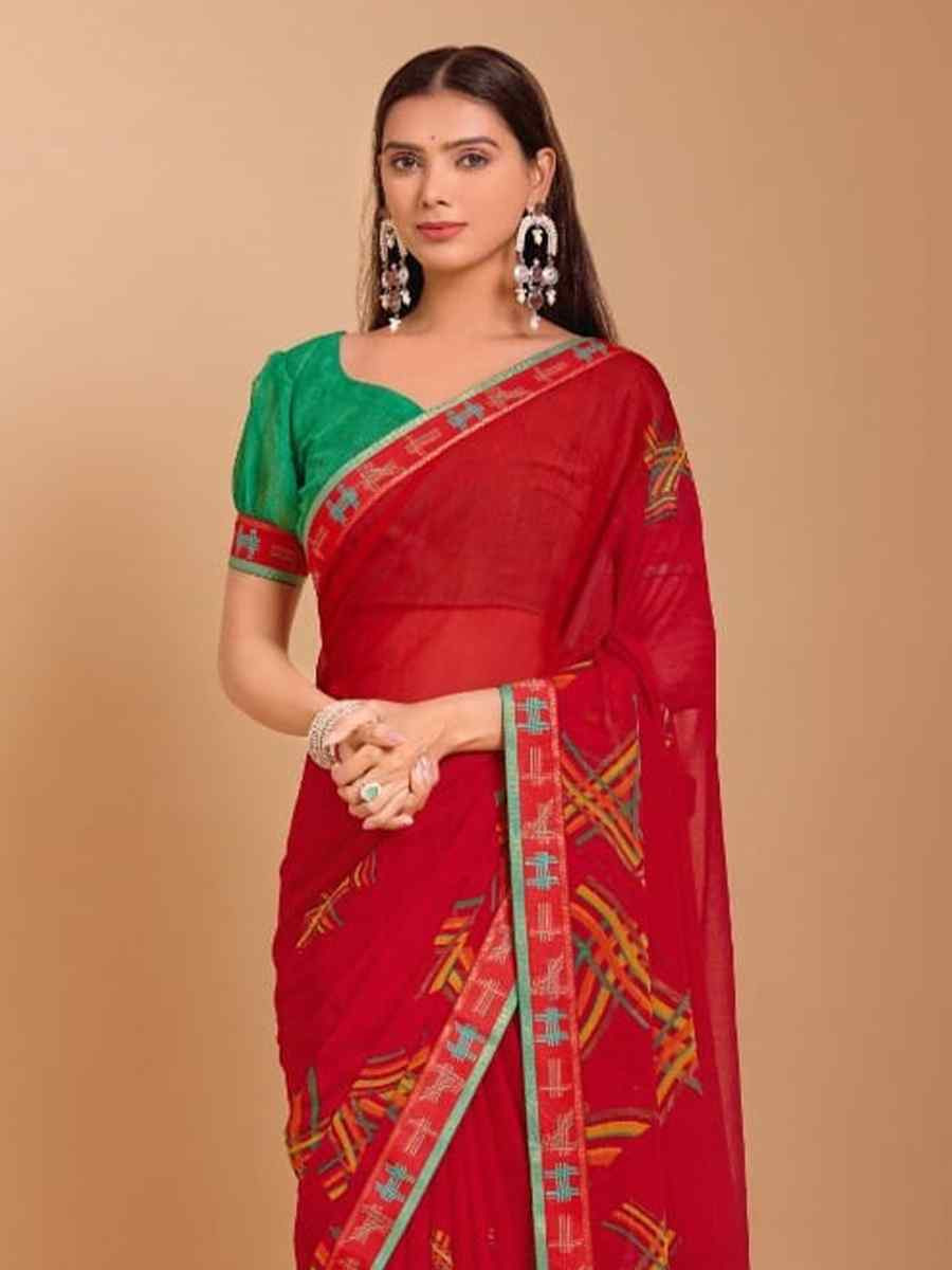 Red Chiffon Printed Festival Casual Contemporary Saree