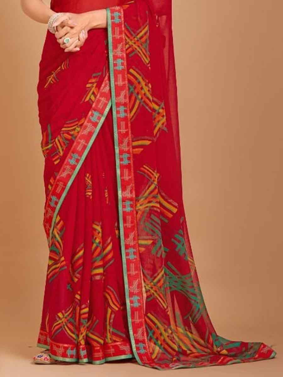 Red Chiffon Printed Festival Casual Contemporary Saree