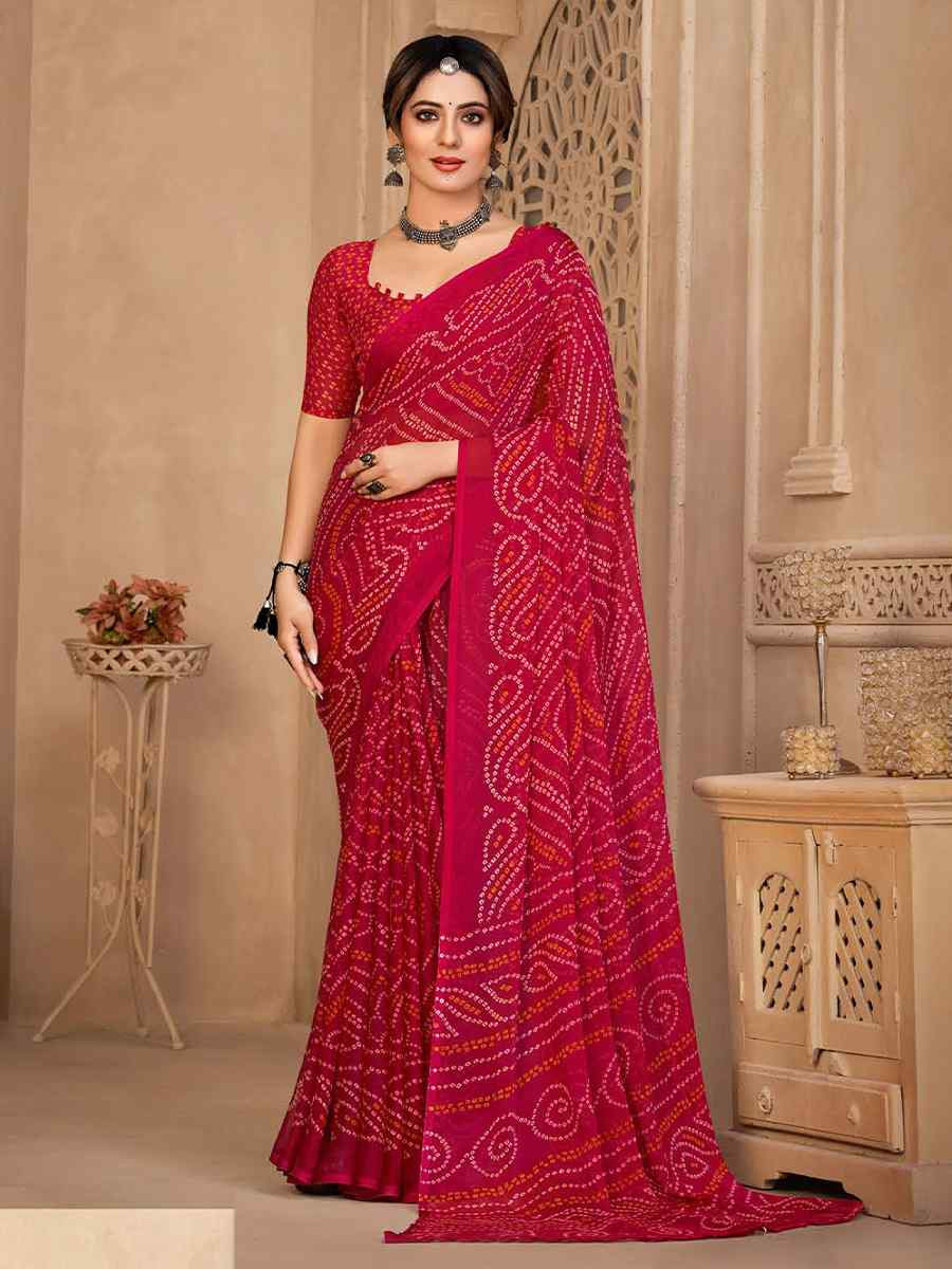 Red Chiffon Printed Festival Casual Contemporary Saree