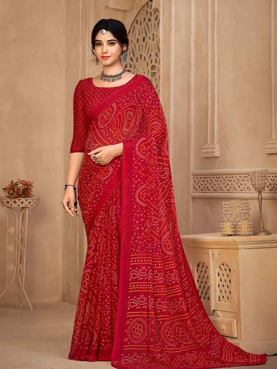 Red Chiffon Printed Festival Casual Contemporary Saree