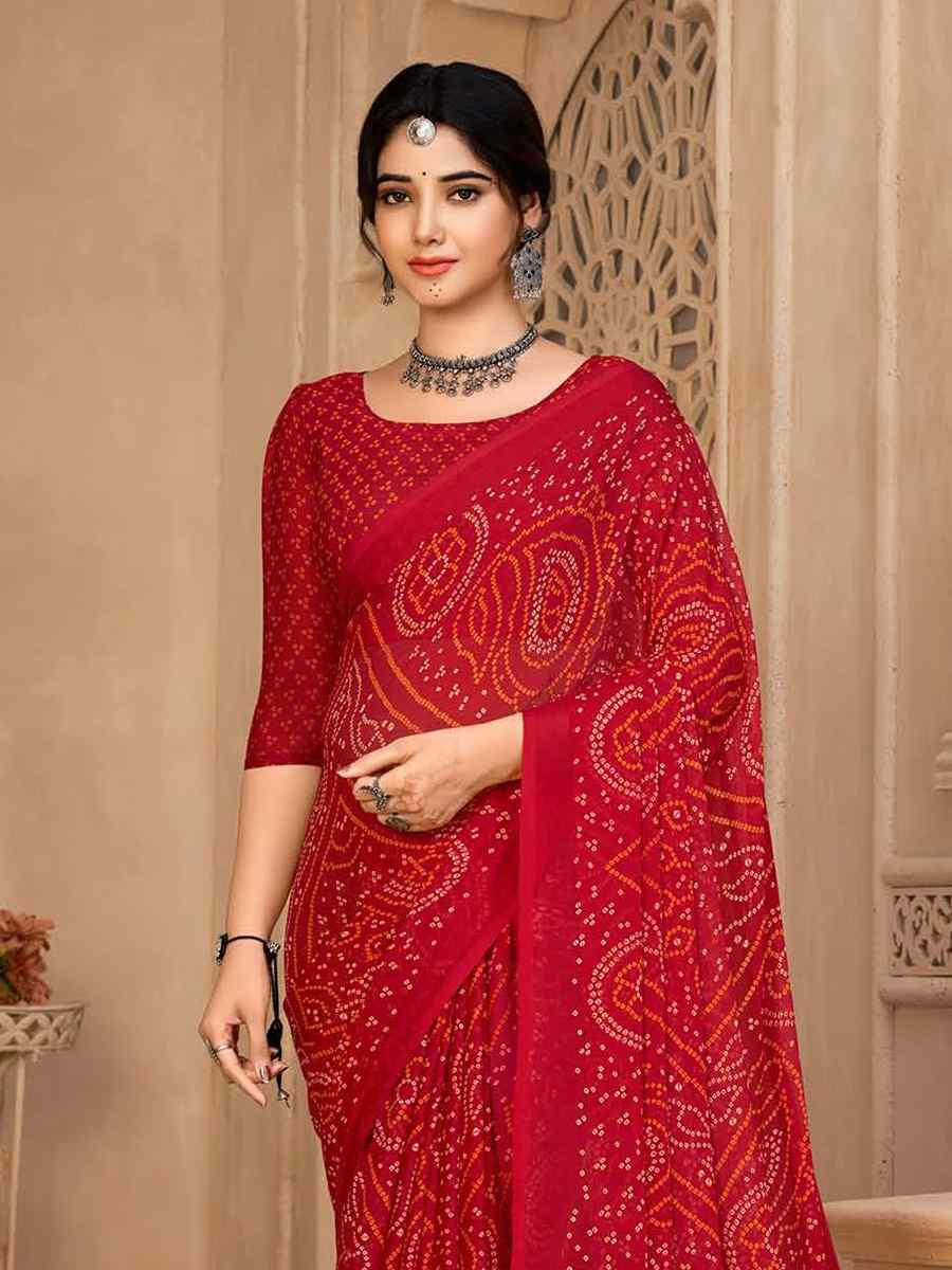 Red Chiffon Printed Festival Casual Contemporary Saree