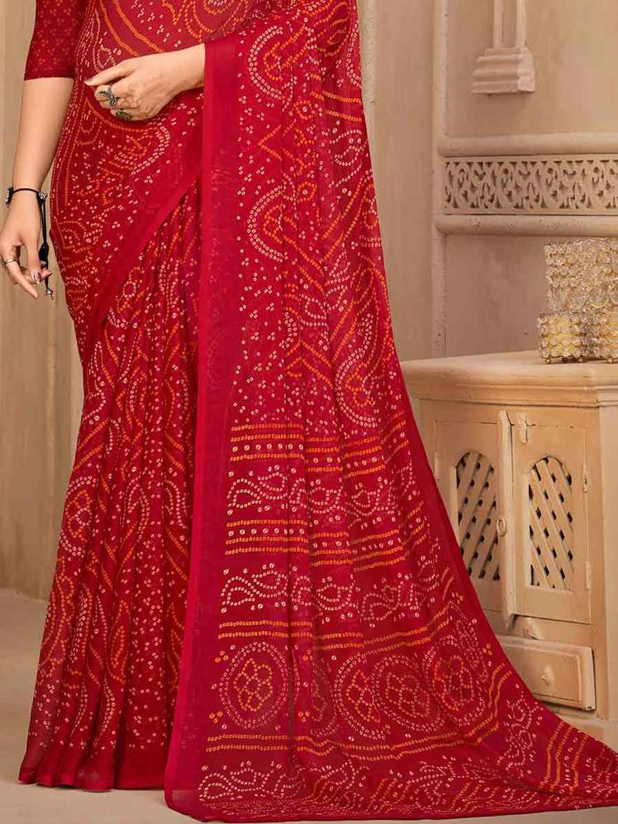 Red Chiffon Printed Festival Casual Contemporary Saree