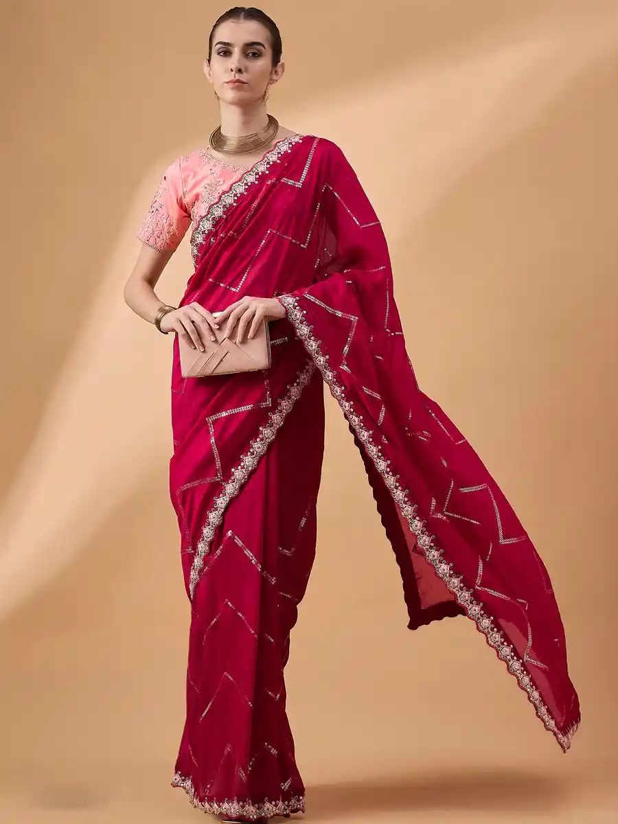 Red Chinon Embroidered Festival Casual Classic Style Saree