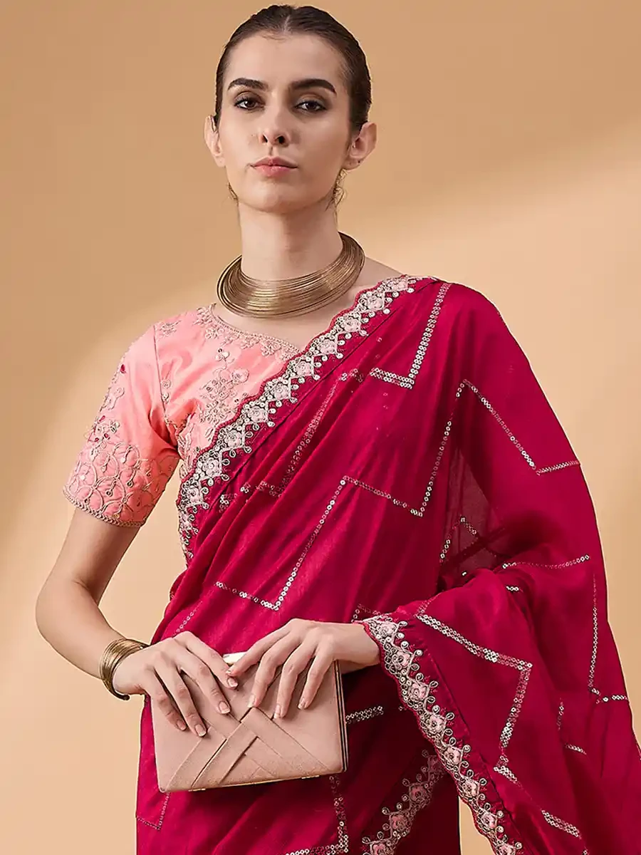 Red Chinon Embroidered Festival Casual Classic Style Saree