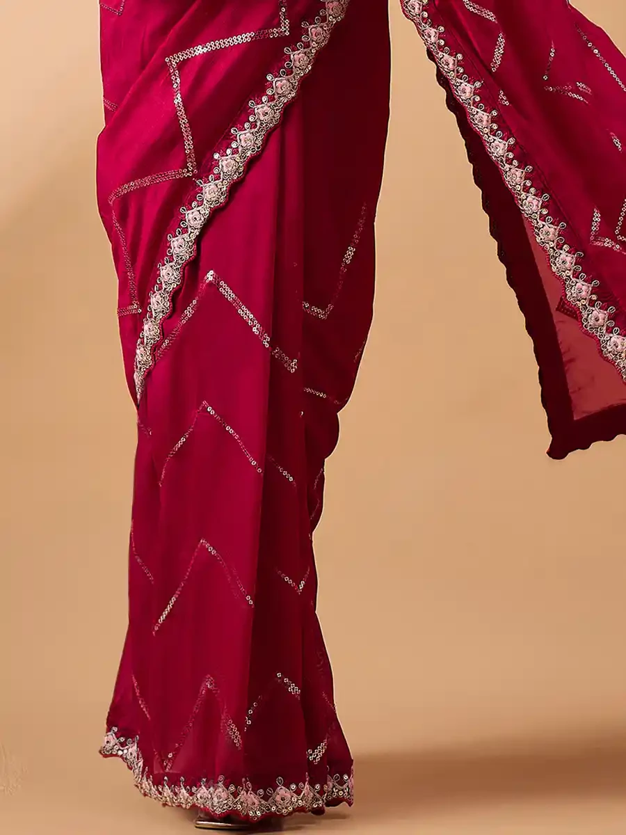 Red Chinon Embroidered Festival Casual Classic Style Saree