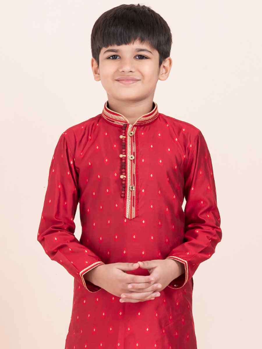 Red Cotton Embroidered Festival Traditional Kurta Pyjama Boys Wear