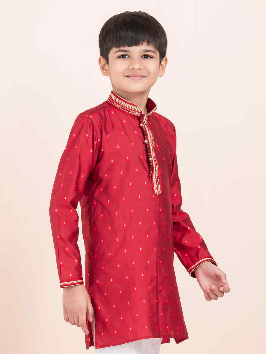 Red Cotton Embroidered Festival Traditional Kurta Pyjama Boys Wear