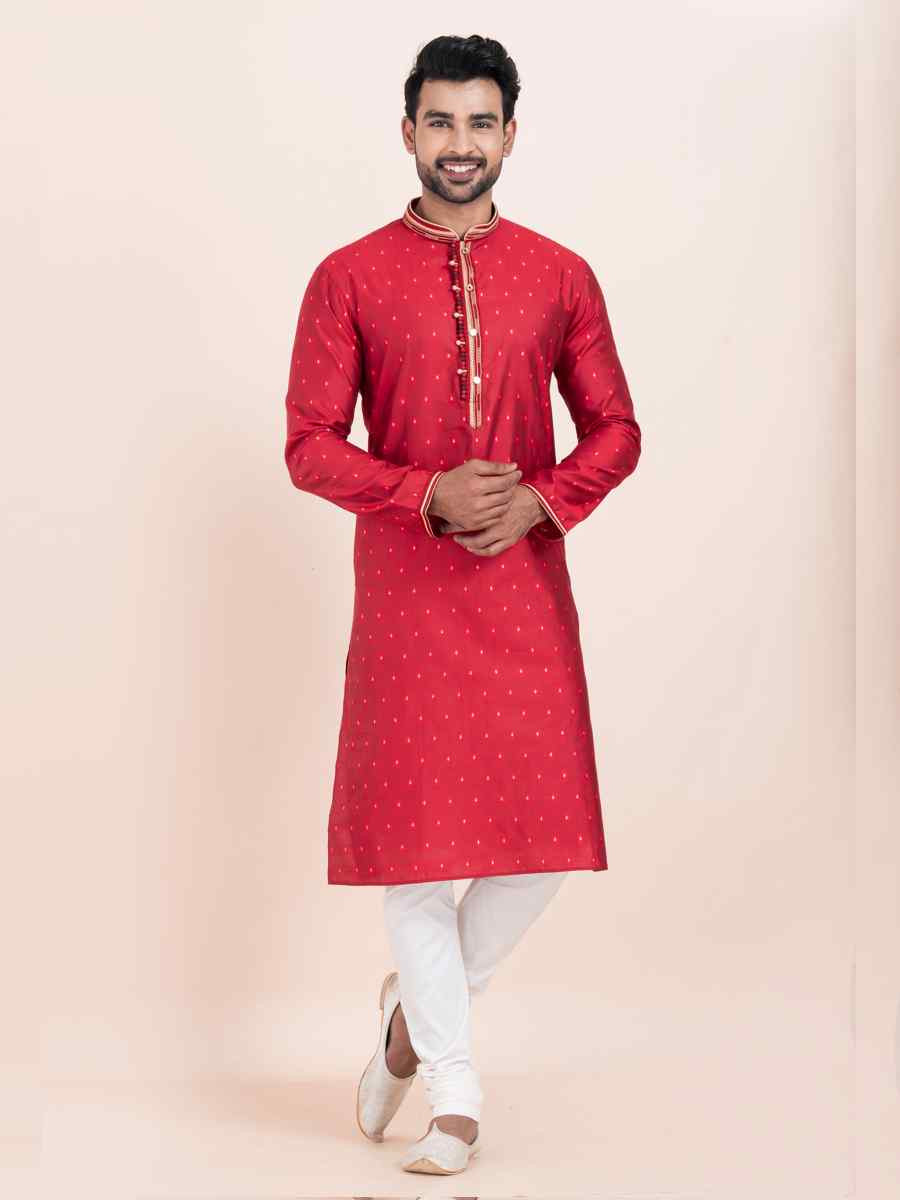 Red Cotton Jacquard Printed Festival Wedding Kurta Pyjama Men's Wear