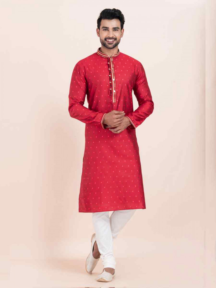 Red Cotton Jacquard Printed Festival Wedding Kurta Pyjama Men&#039;s Wear