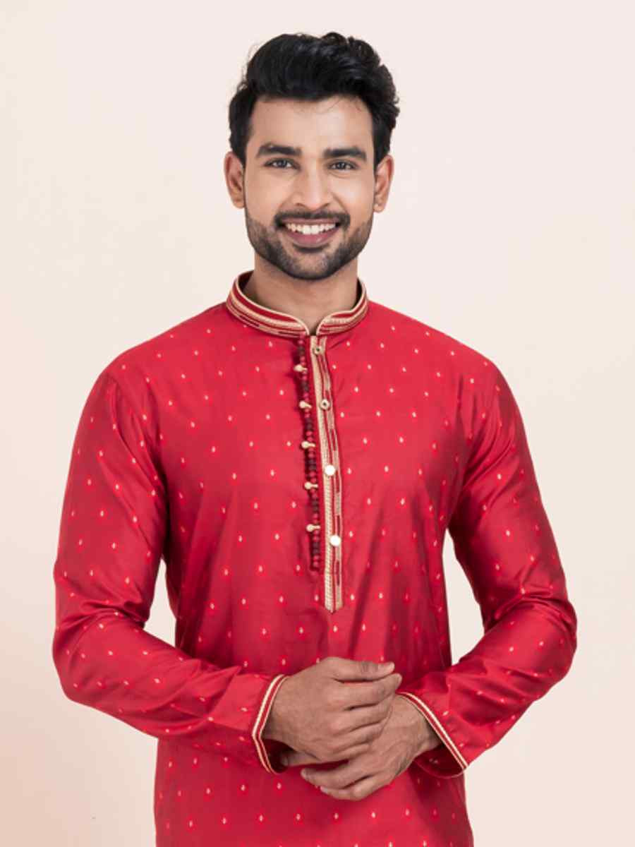 Red Cotton Jacquard Printed Festival Wedding Kurta Pyjama Men's Wear