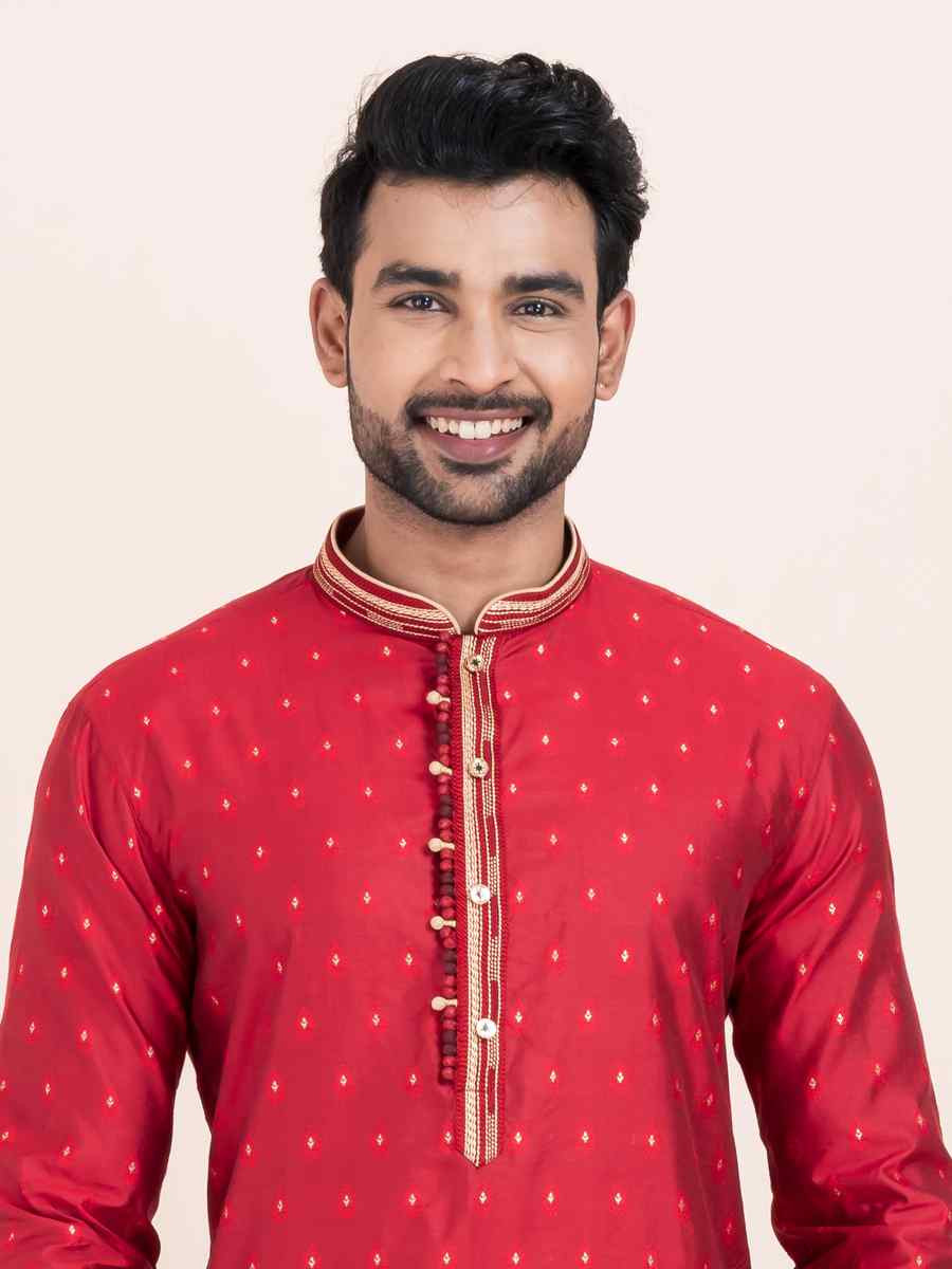 Red Cotton Jacquard Printed Festival Wedding Kurta Pyjama Men's Wear