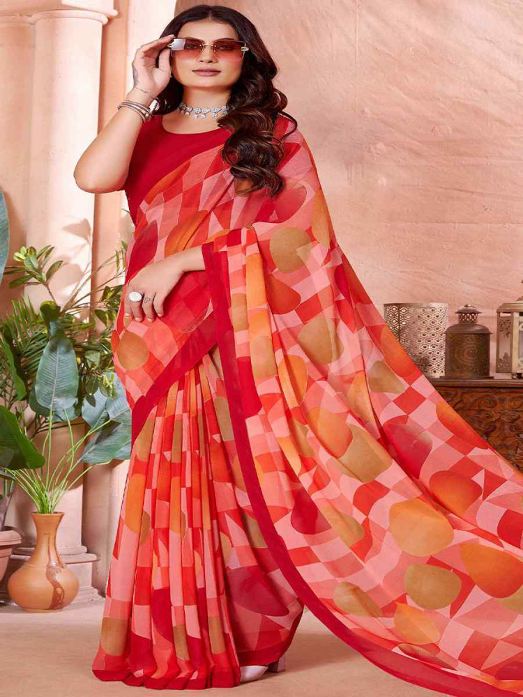 Red Cotton Printed Festival Casual Contemporary Saree