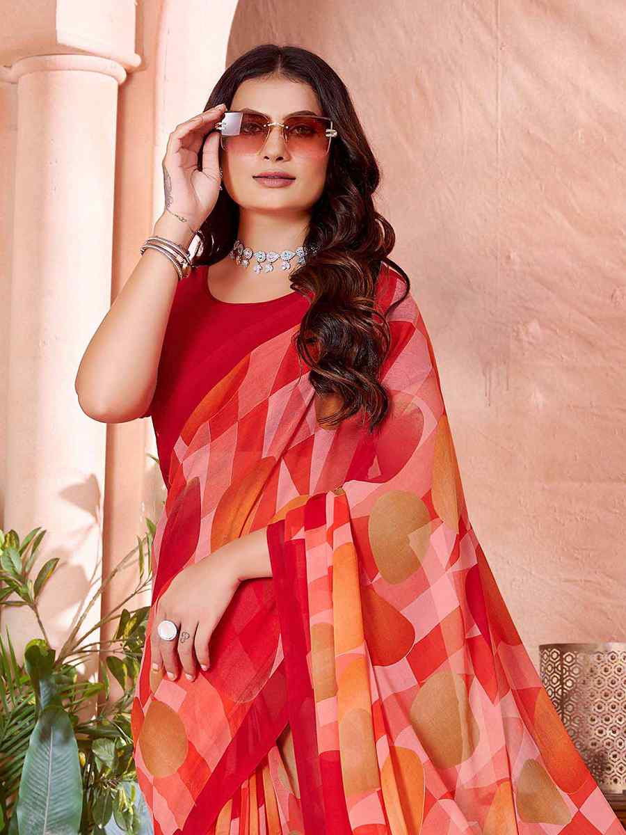 Red Cotton Printed Festival Casual Contemporary Saree