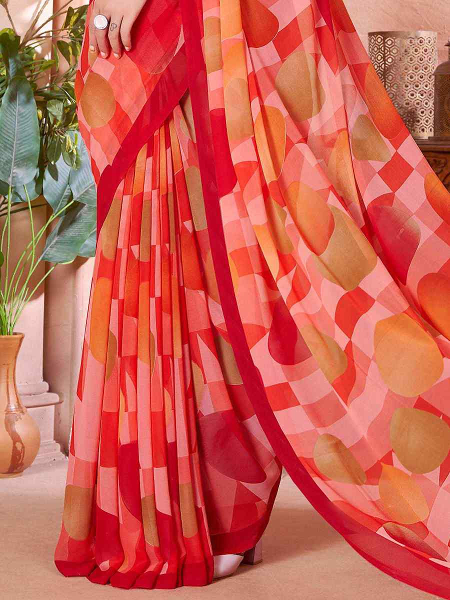 Red Cotton Printed Festival Casual Contemporary Saree