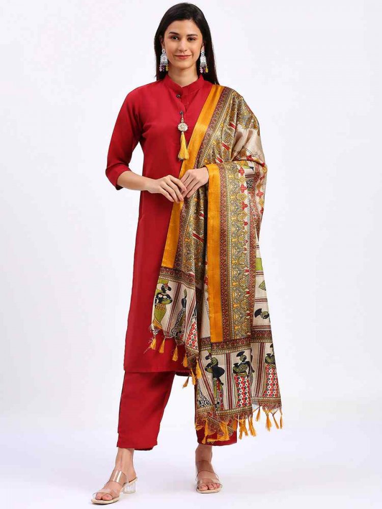 Red Cotton Printed Festival Casual Ready Pant Salwar Kameez
