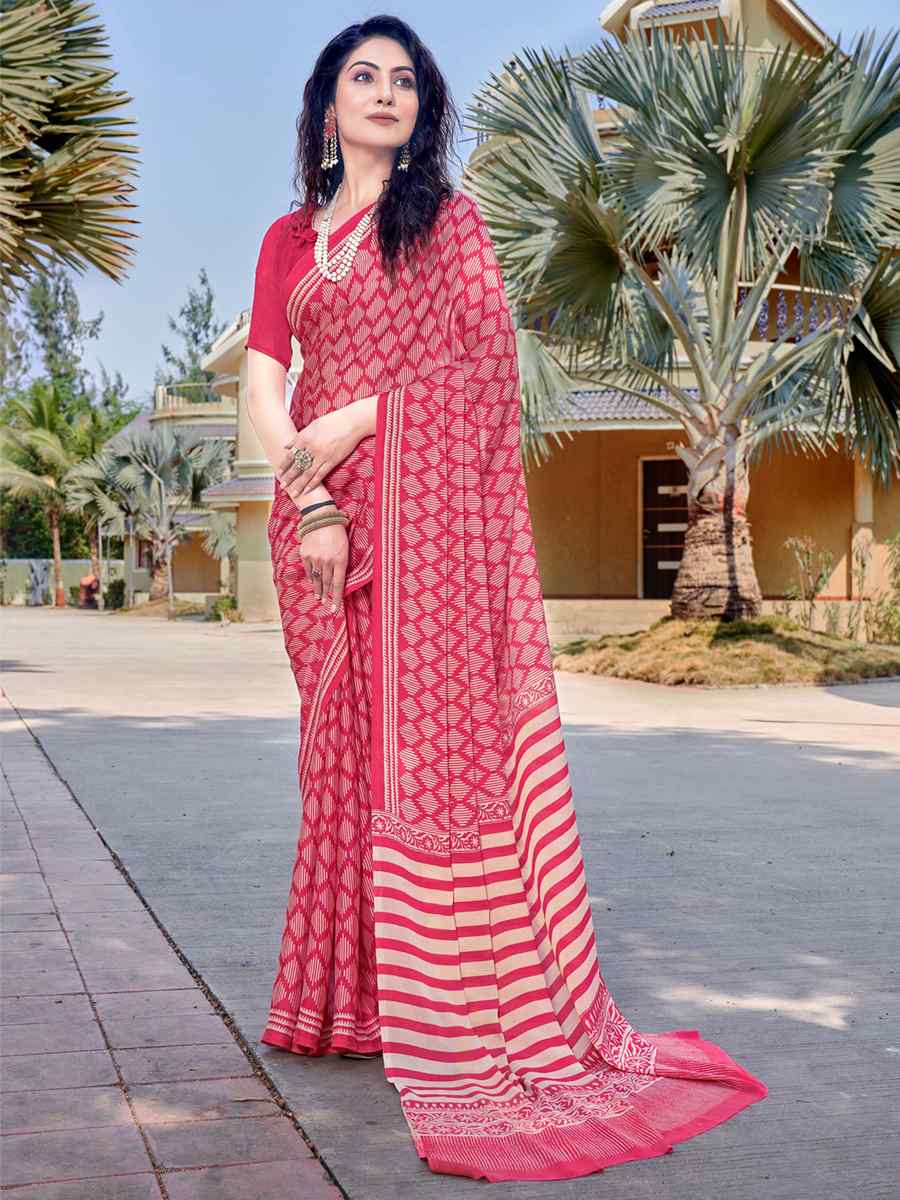 Red Crepe Printed Casual Festival Contemporary Saree