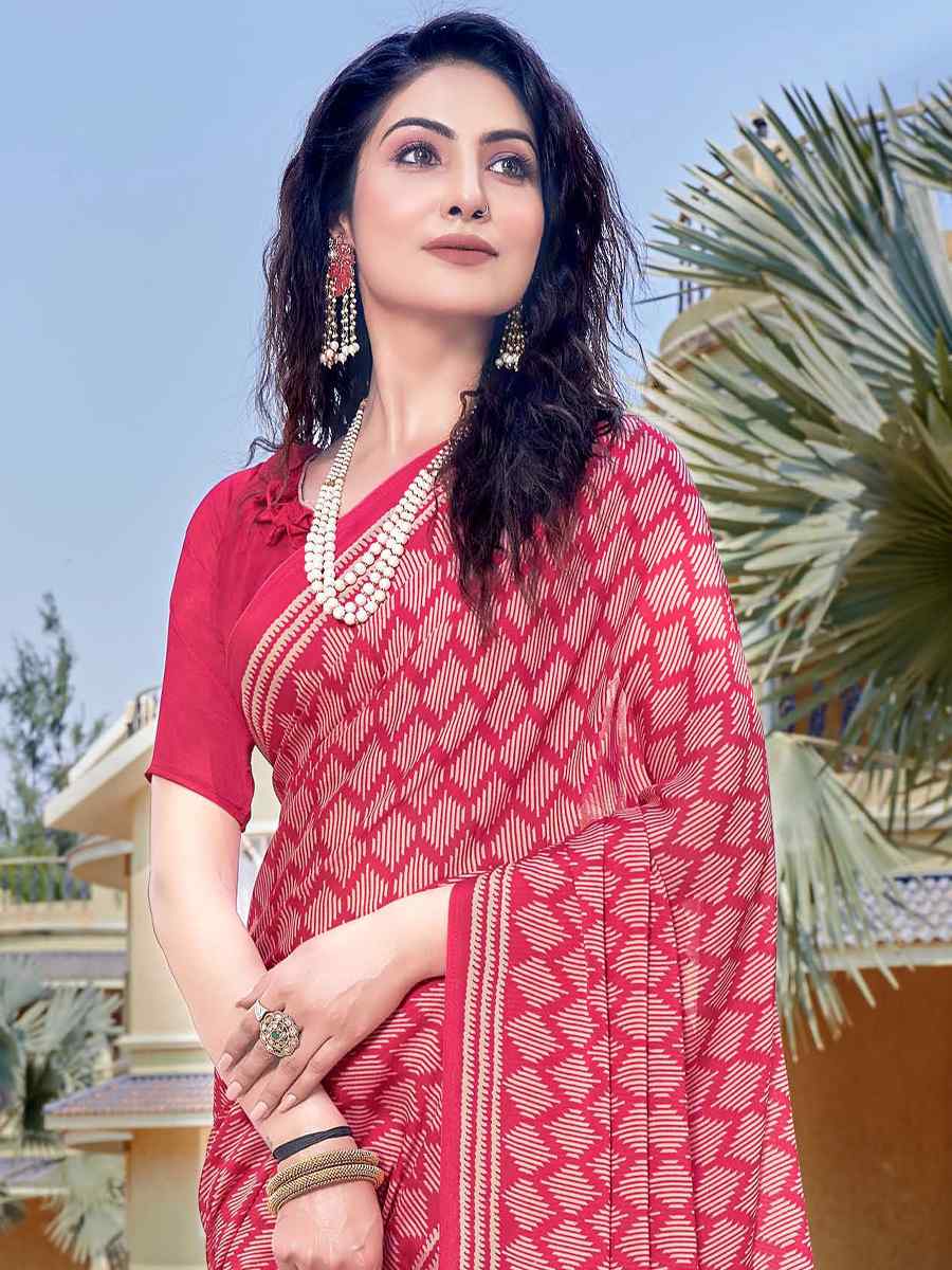 Red Crepe Printed Casual Festival Contemporary Saree