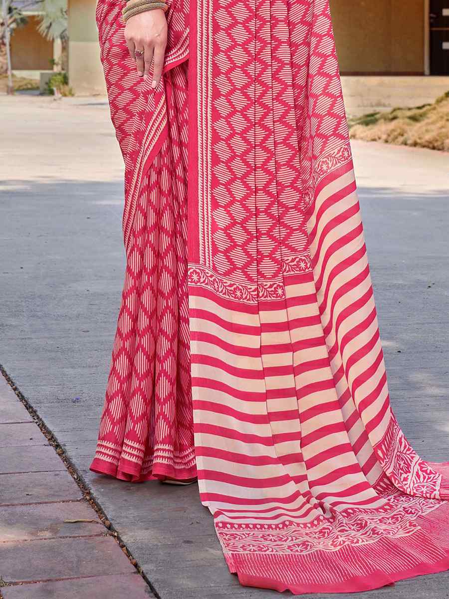 Red Crepe Printed Casual Festival Contemporary Saree