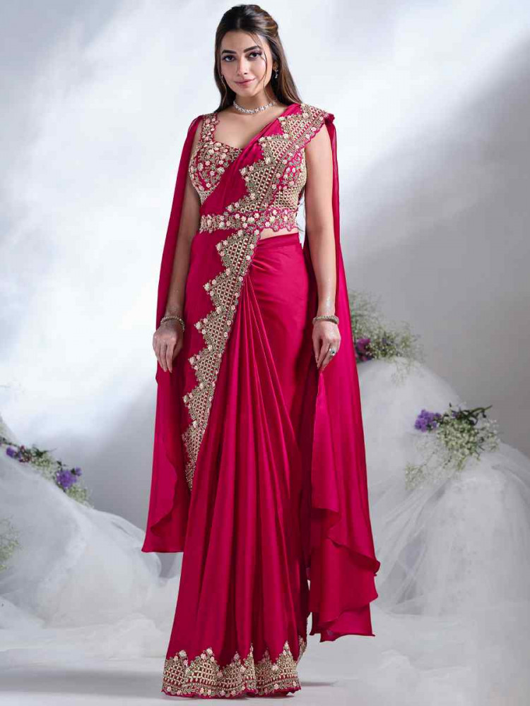 Red Crepe Satin Silk Embroidered Reception Wedding Heavy Border Saree