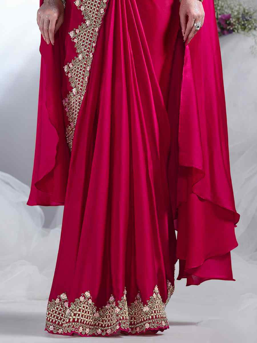 Red Crepe Satin Silk Embroidered Reception Wedding Heavy Border Saree