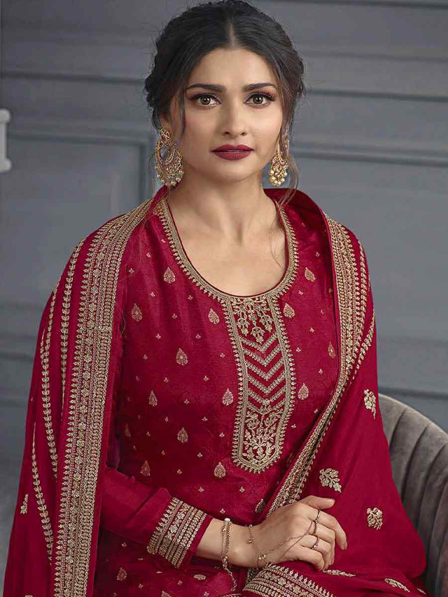 Red Dola Jacquard Silk Embroidered Festival Wedding Palazzo Pant Salwar Kameez