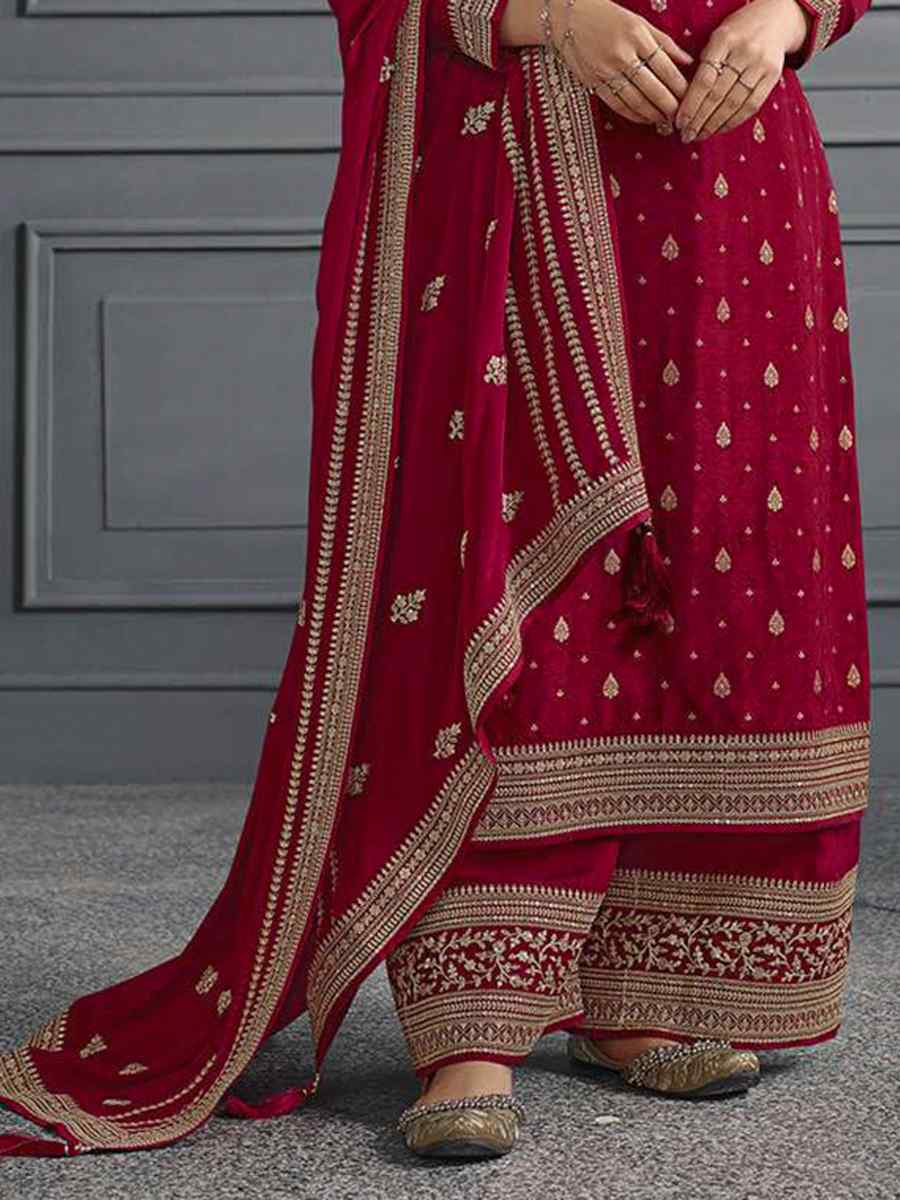 Red Dola Jacquard Silk Embroidered Festival Wedding Palazzo Pant Salwar Kameez